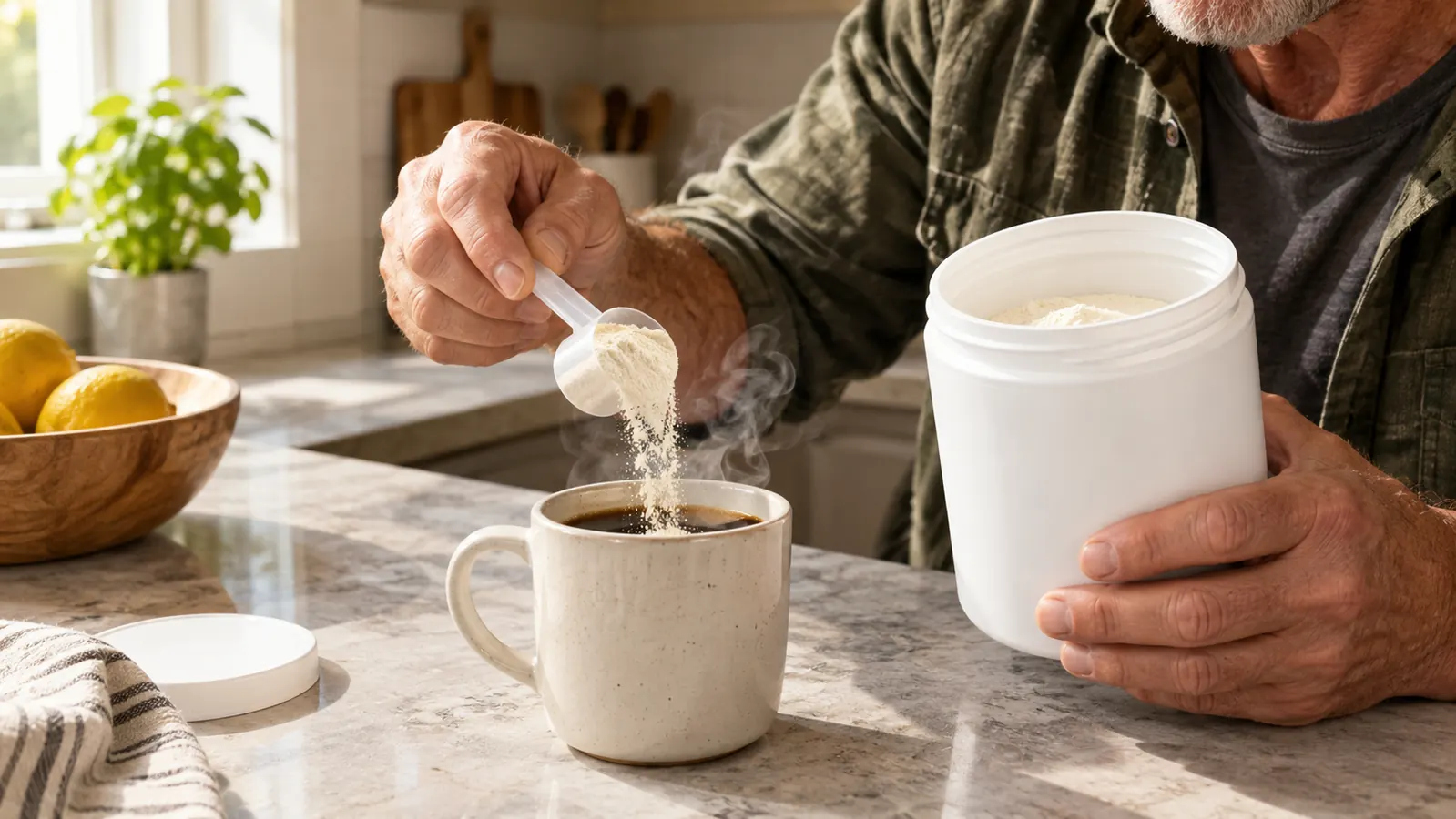 A hand scooping unflavored collagen peptides powder from a tub into a mug of coffee