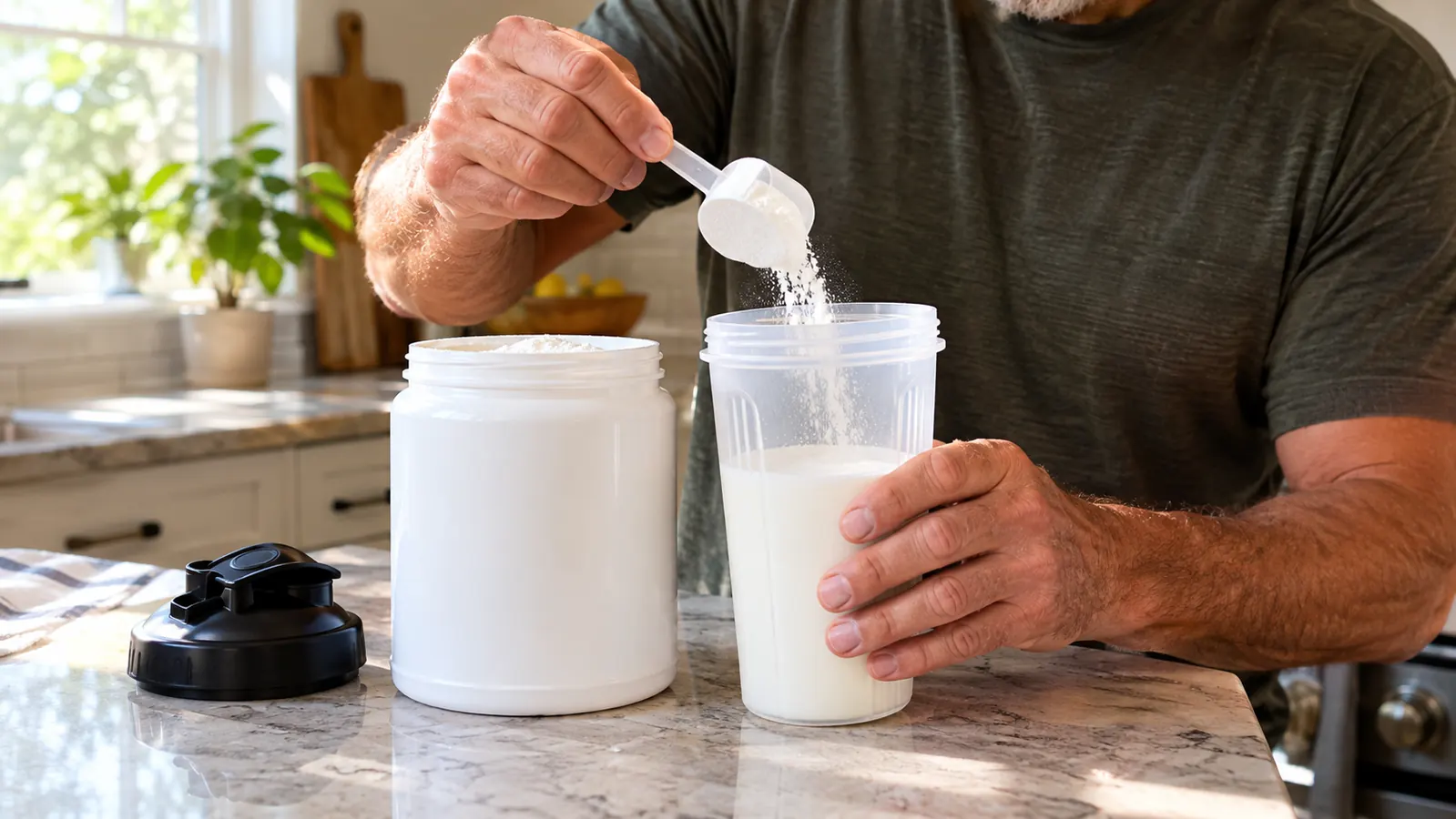 A hand scooping creatine powder from a supplement container into a shaker bottle on a kitchen counter.