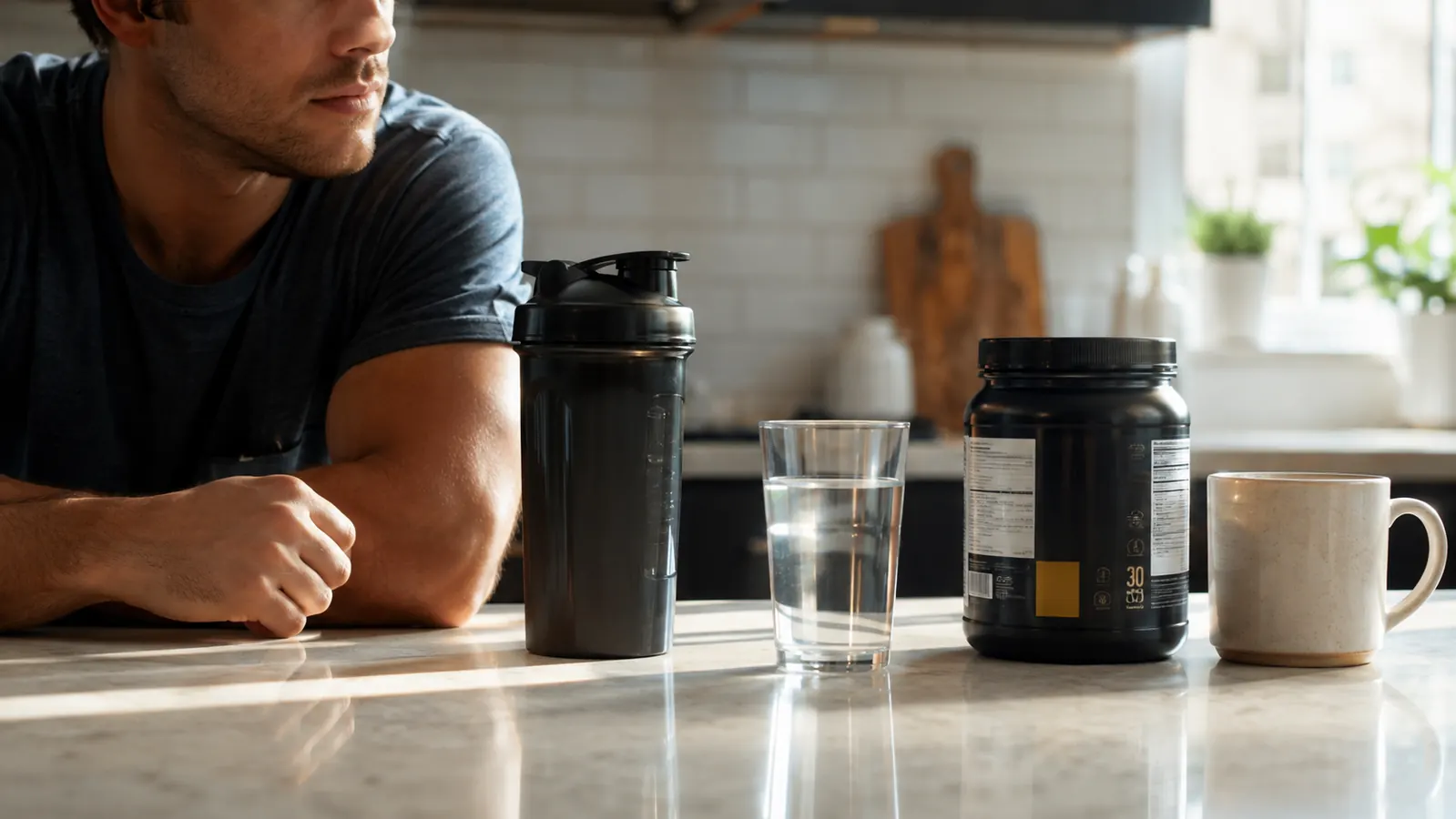 A shaker bottle and a glass of water on a kitchen counter beside a coffee mug.