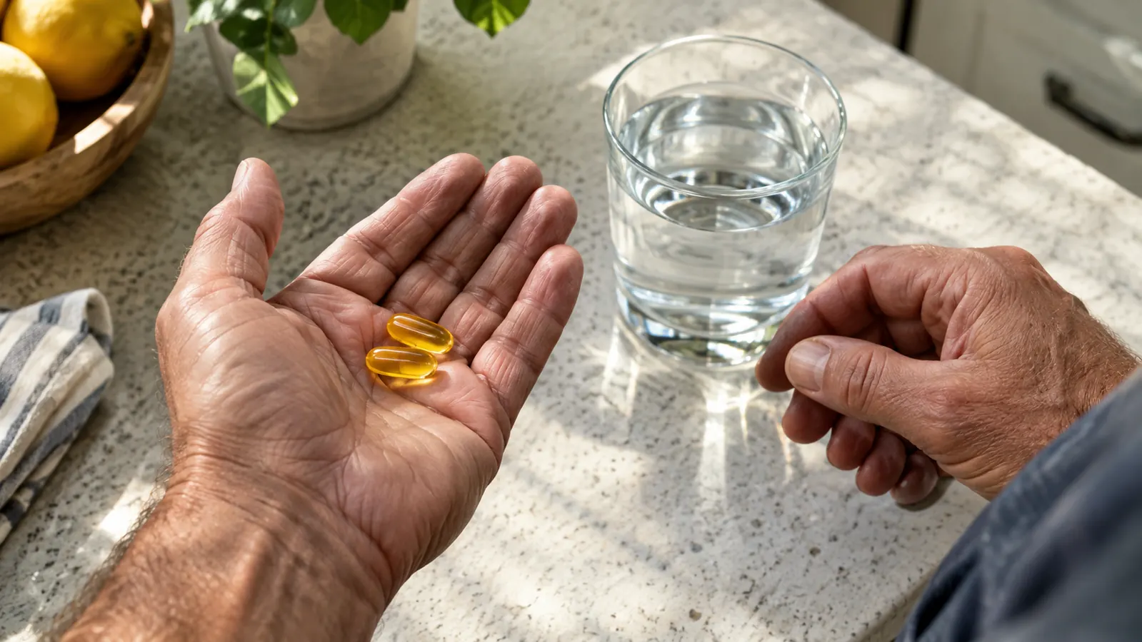 A hand holding two lemon fish oil softgels over a kitchen counter next to a glass of water