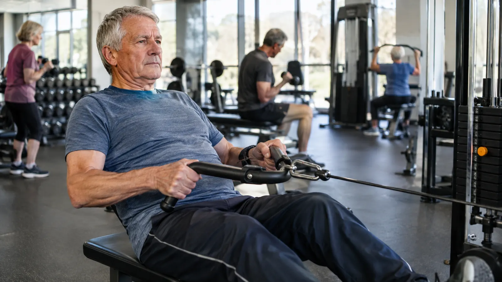 An older man in his sixties doing seated rows on a machine at a community rec center, a water bottle on the floor beside him