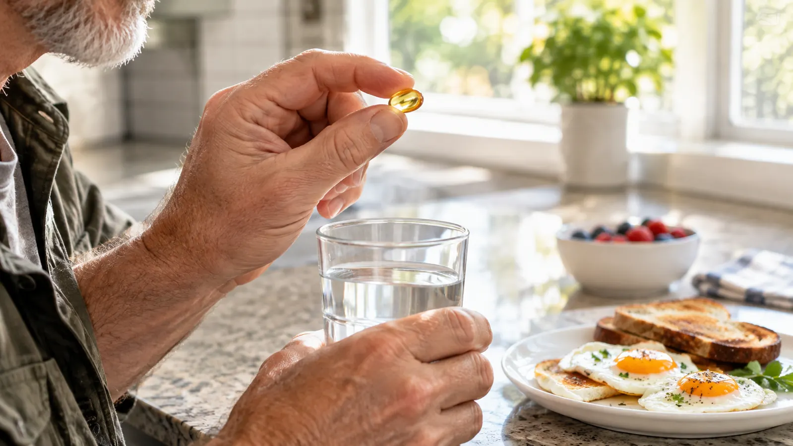 A hand holding a small softgel capsule over a kitchen counter next to a glass of water and a plate with eggs and toast
