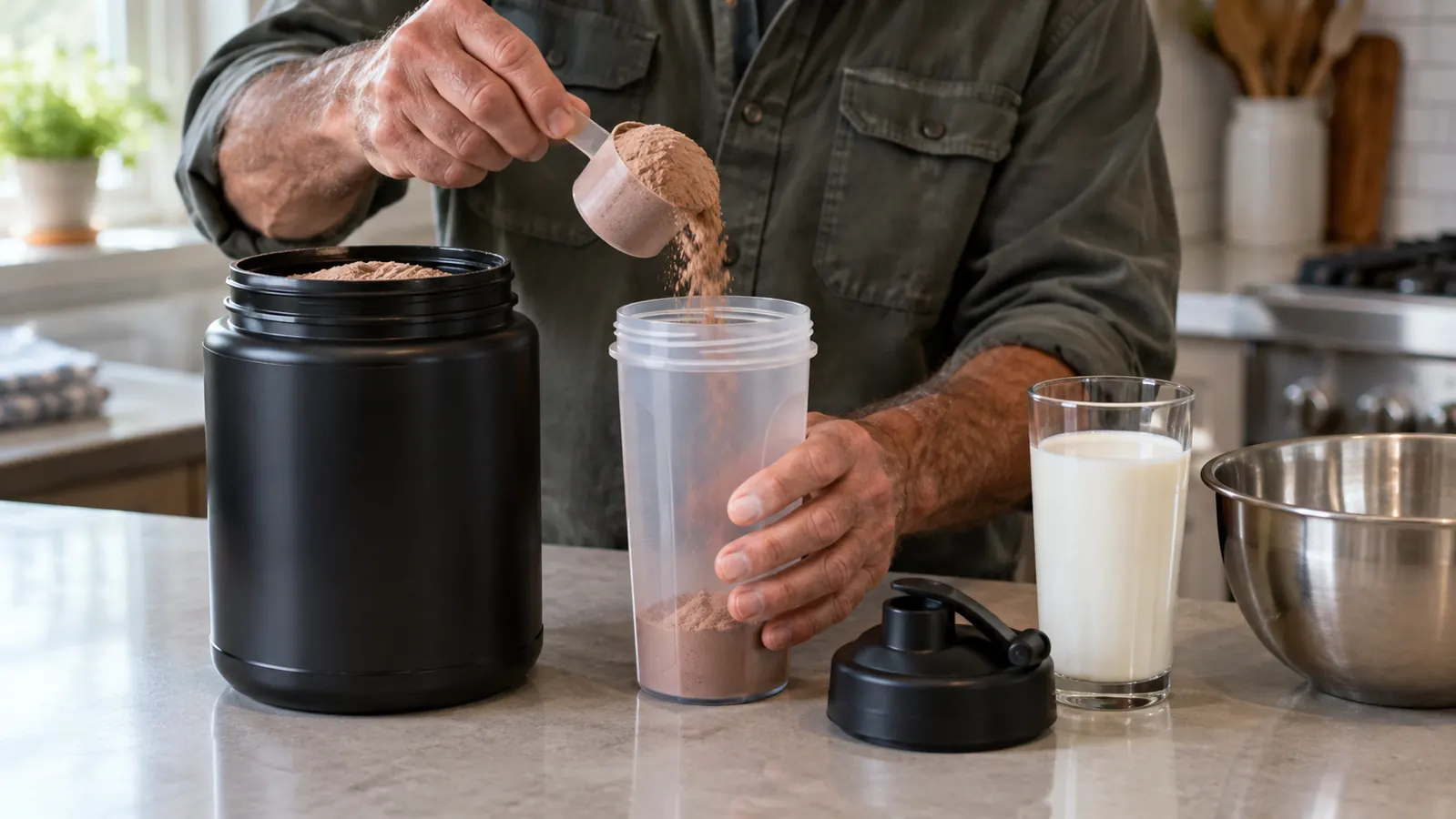 A hand scooping chocolate whey protein powder into a shaker bottle on a kitchen counter