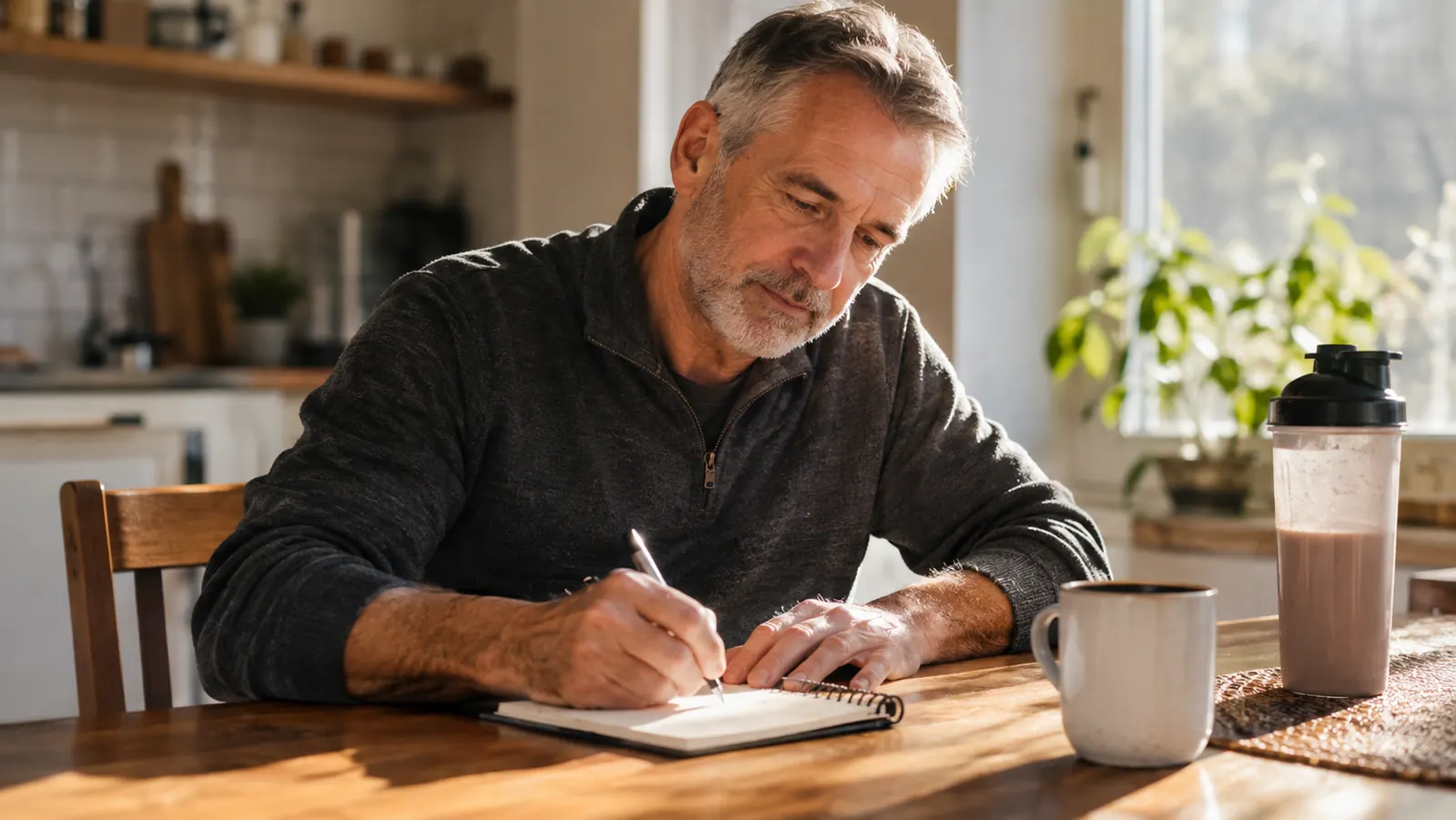 An older man in his sixties writing in a spiral notebook at a kitchen table