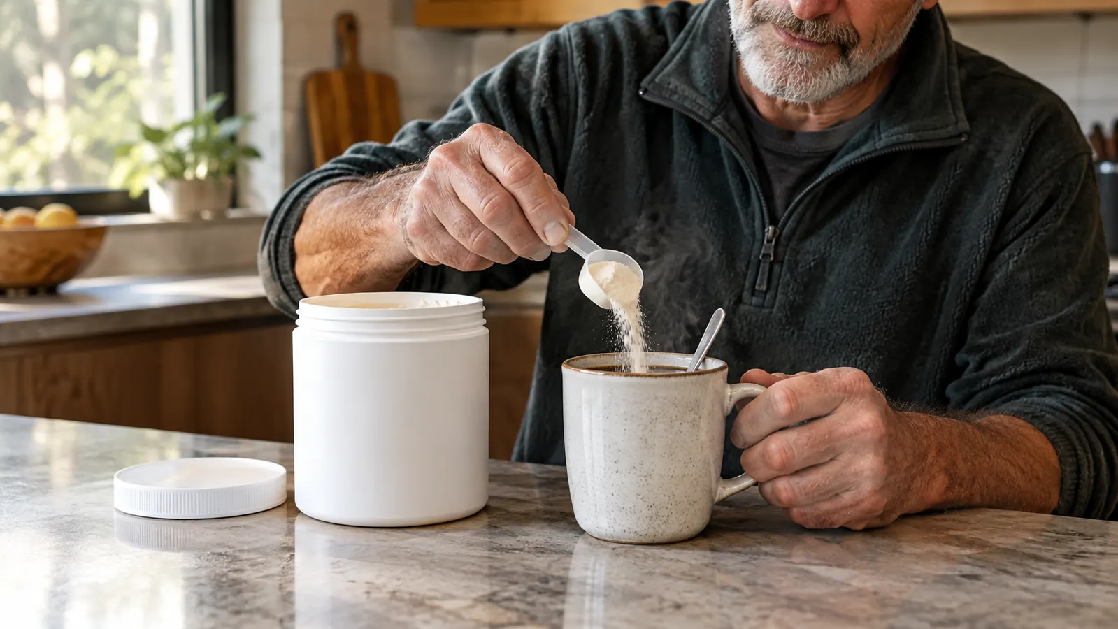 An older man stirs a scoop of powder into a steaming mug of coffee on a kitchen counter.