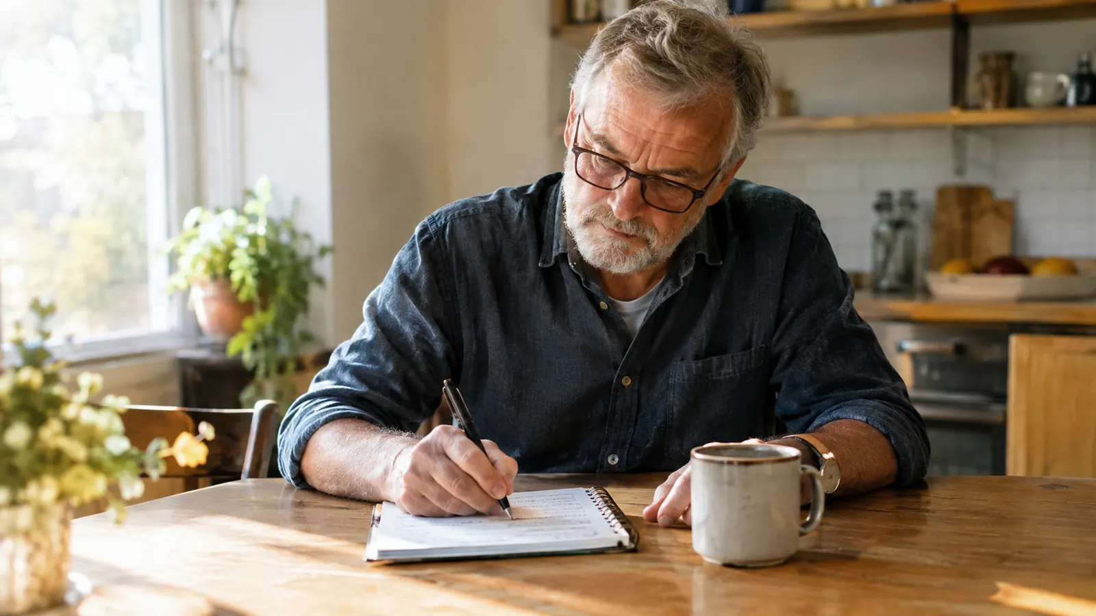 An older man sits at a kitchen table writing in a spiral notebook beside a mug of coffee.