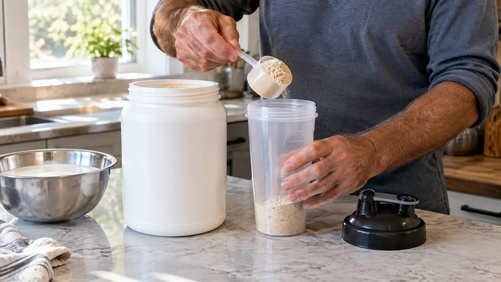 A man's hand scooping one measure of powder from an open tub into a shaker bottle on a kitchen counter