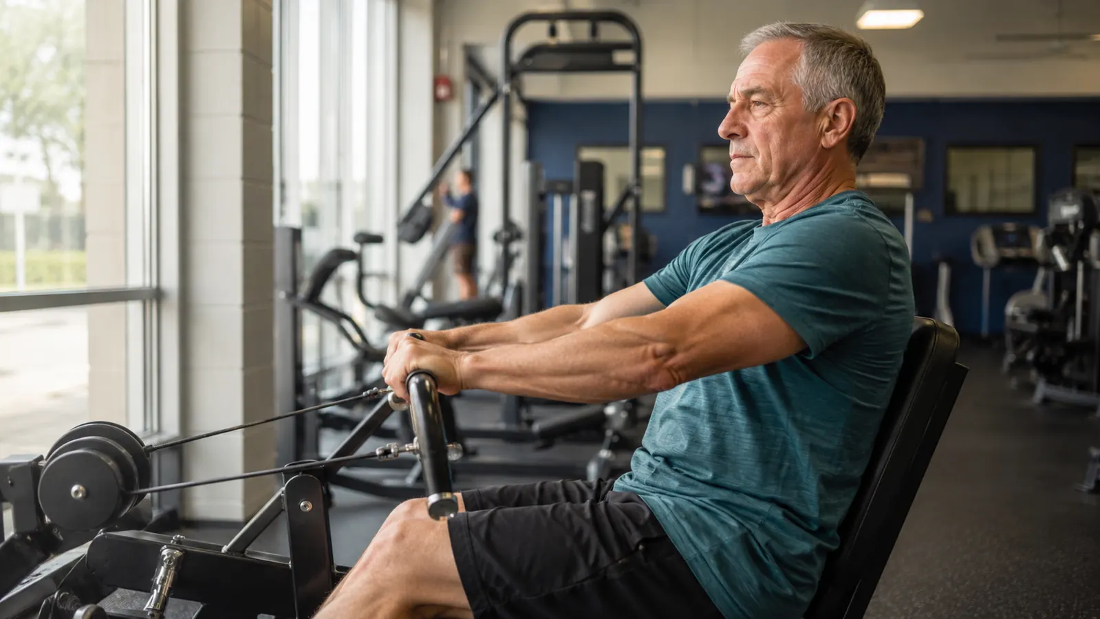 An older man doing seated rows on a machine at a community rec center