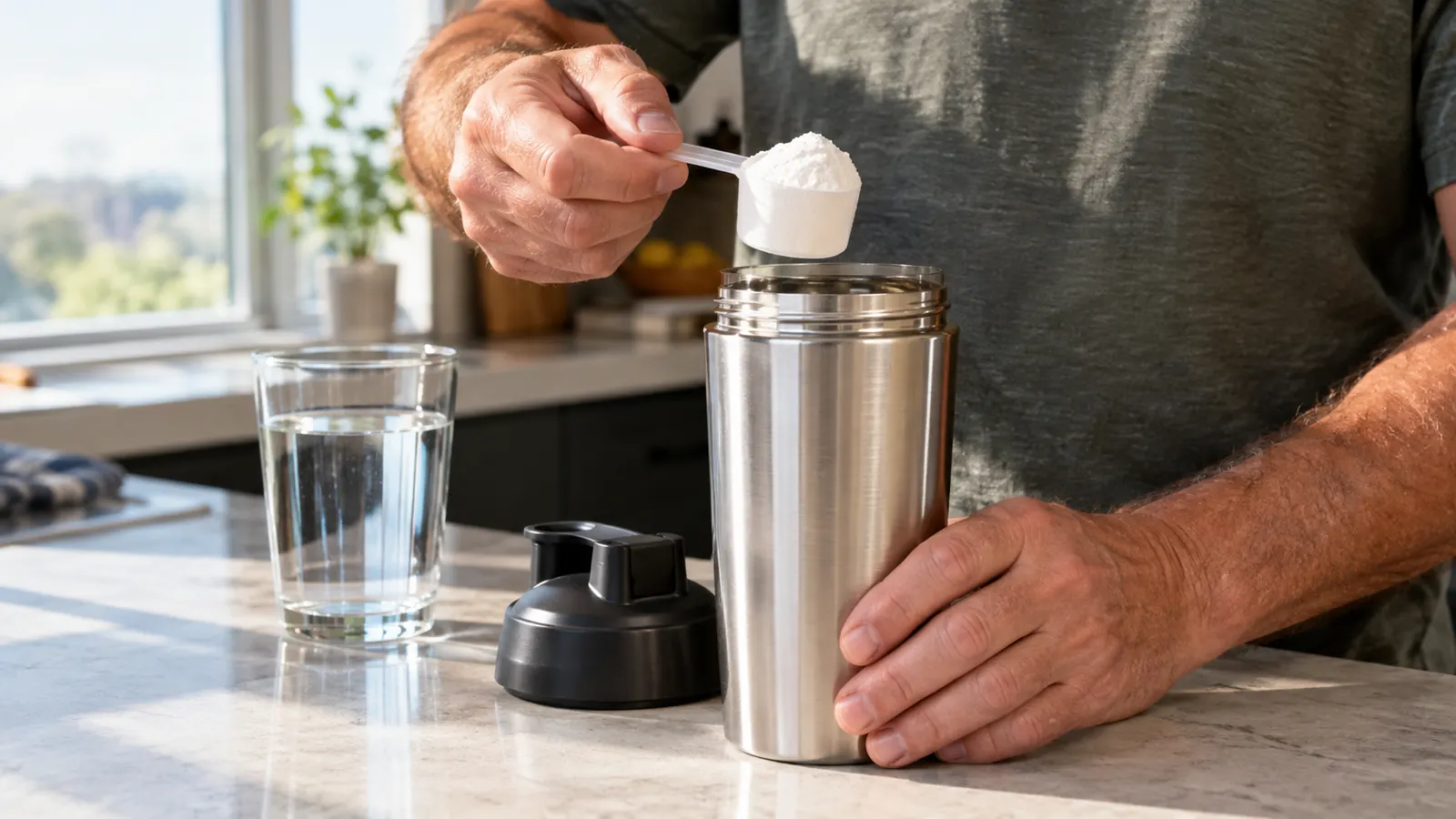 A man's hand holds a scoop of unflavored creatine powder over a shaker bottle on a kitchen counter.