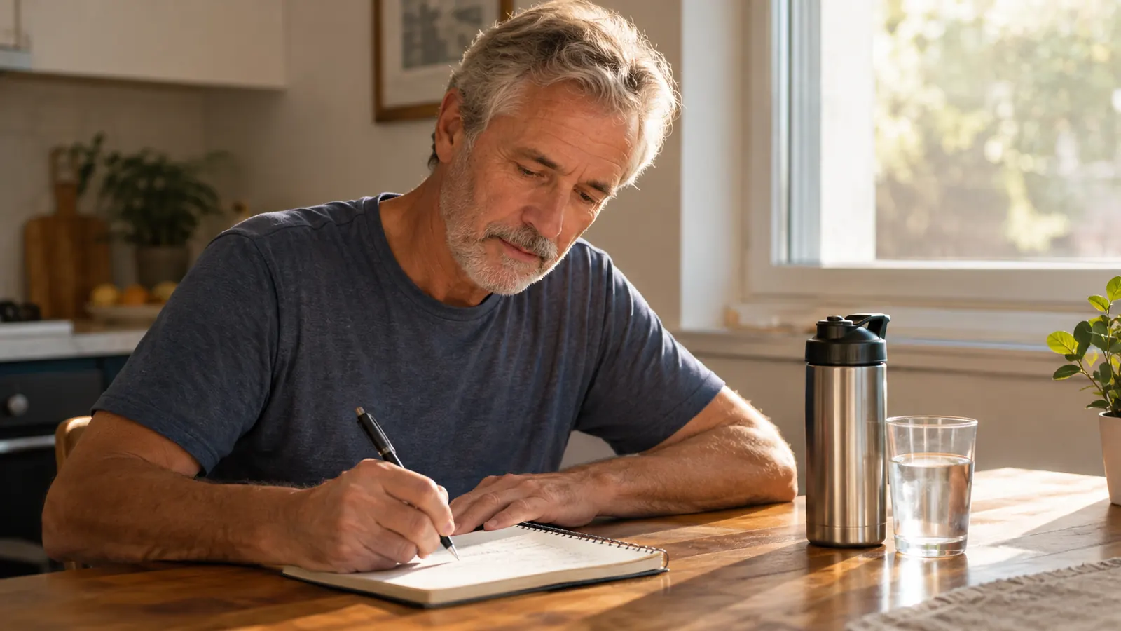An older man writes in a spiral notebook at a kitchen table, a shaker bottle and a glass of water on the table.