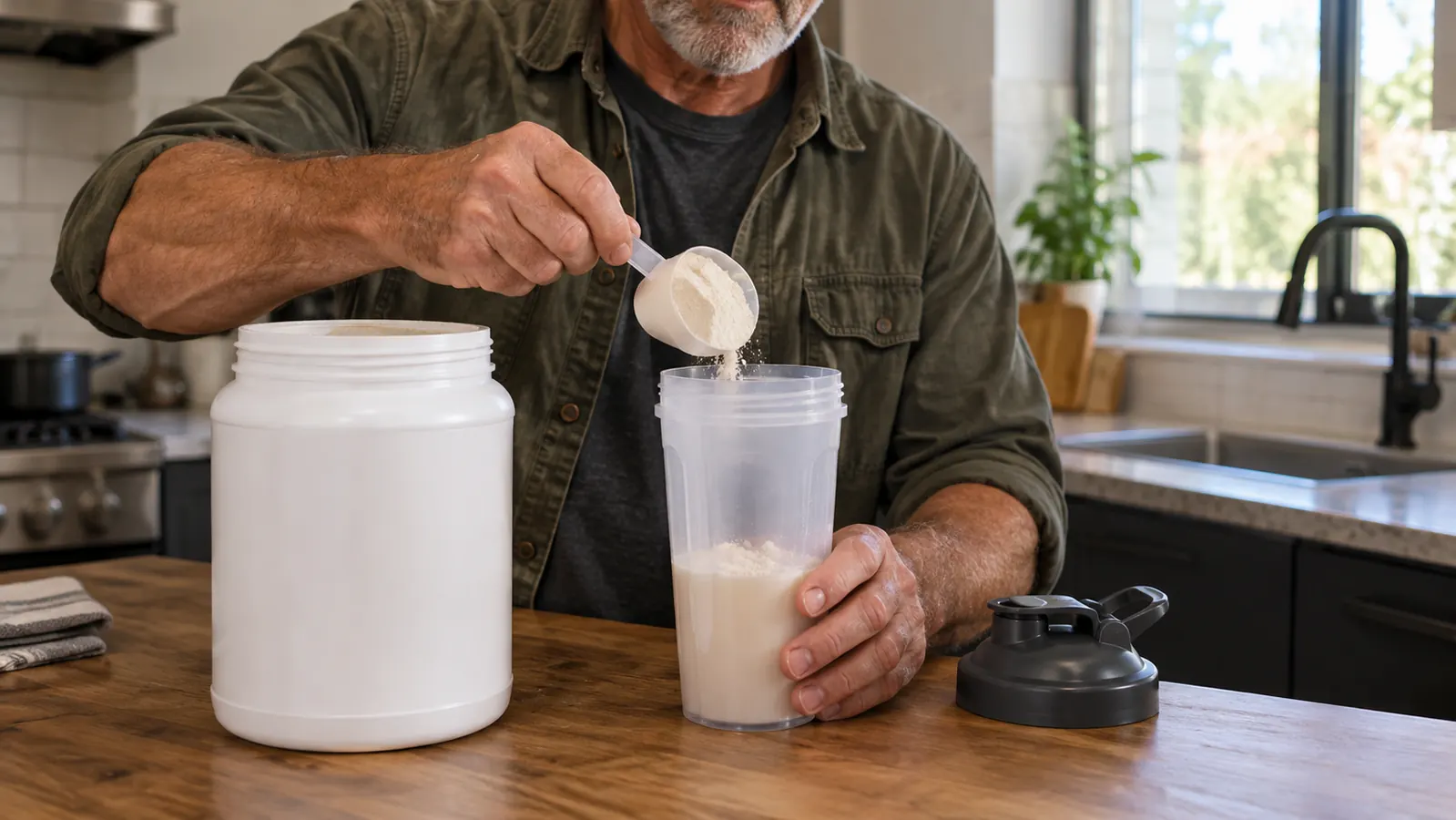 A hand scooping protein powder from a tub into a shaker bottle on a kitchen counter