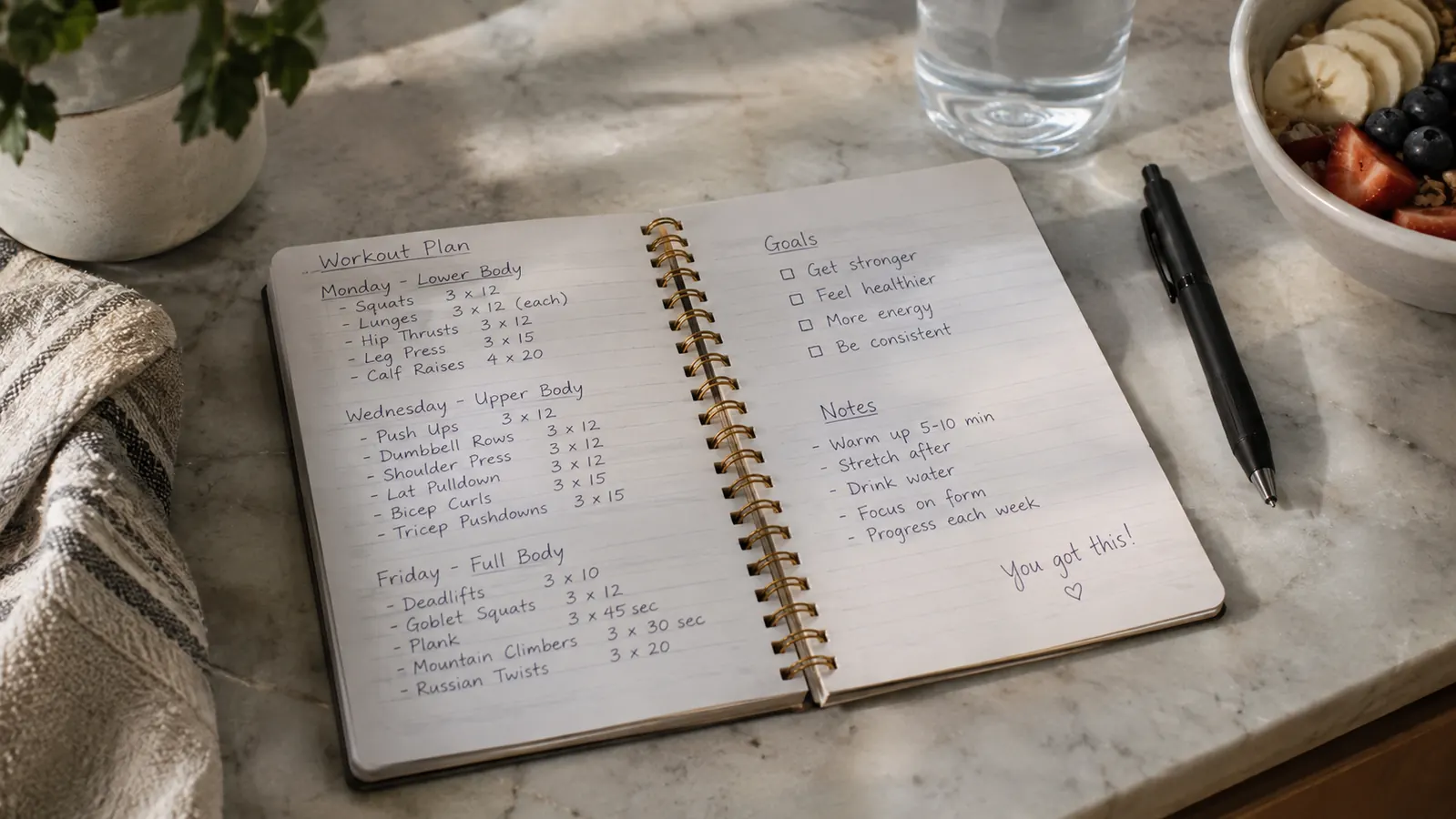 A spiral notebook open on a kitchen table with handwritten notes and a pen beside it