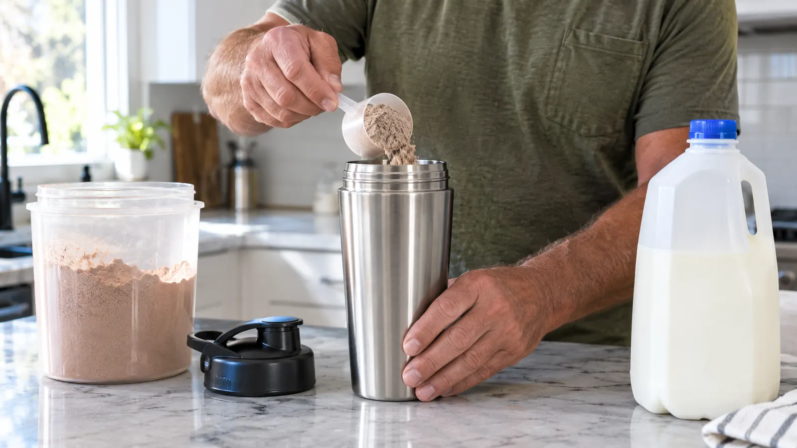 A hand sprinkling a scoop of chocolate protein powder into a stainless shaker bottle on a kitchen counter