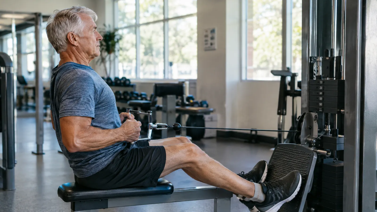 A man in his sixties doing seated rows on a cable machine at a rec center, seen from the side