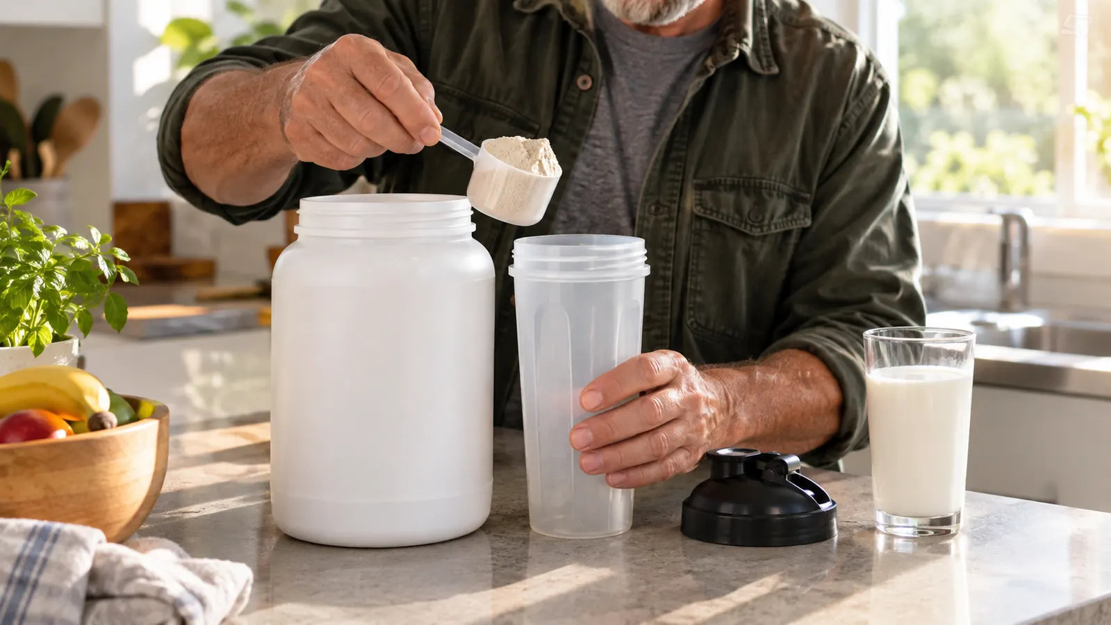 A hand scooping protein powder from an open tub into a shaker bottle on a kitchen counter