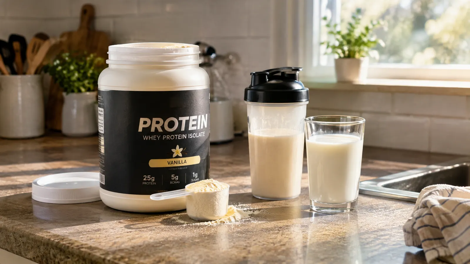 A kitchen counter in soft morning light with an open protein powder tub, a shaker bottle, and a glass of milk