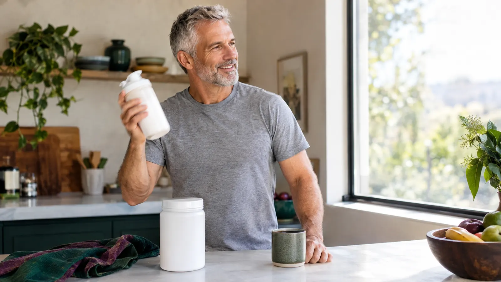 A man in his sixties in a gray t-shirt shaking a protein shake in a bright kitchen after a morning workout