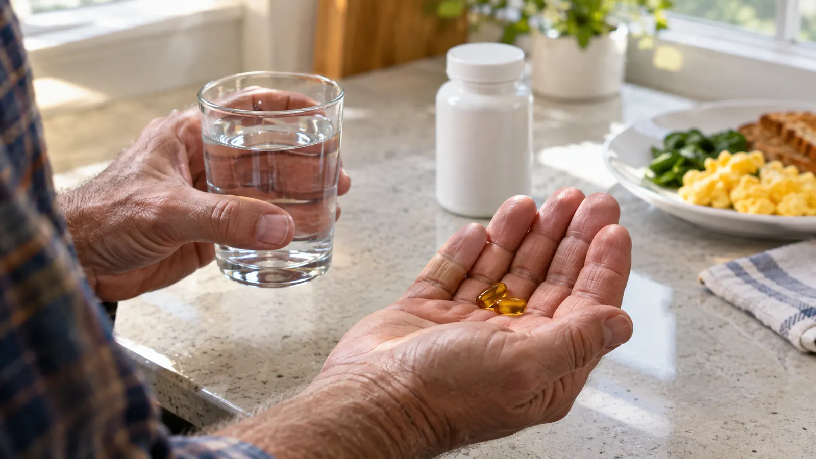 An older man holding two softgels over a kitchen counter at breakfast, with a glass of water beside a plate and the supplement bottle in the background.