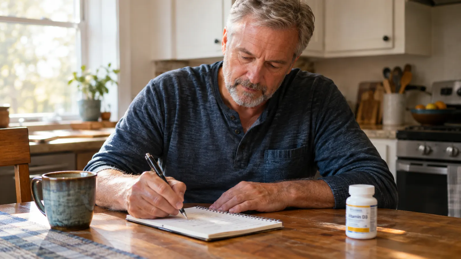 A man in his sixties writing in a spiral notebook at a kitchen table, with a coffee mug and a supplement bottle on the table.