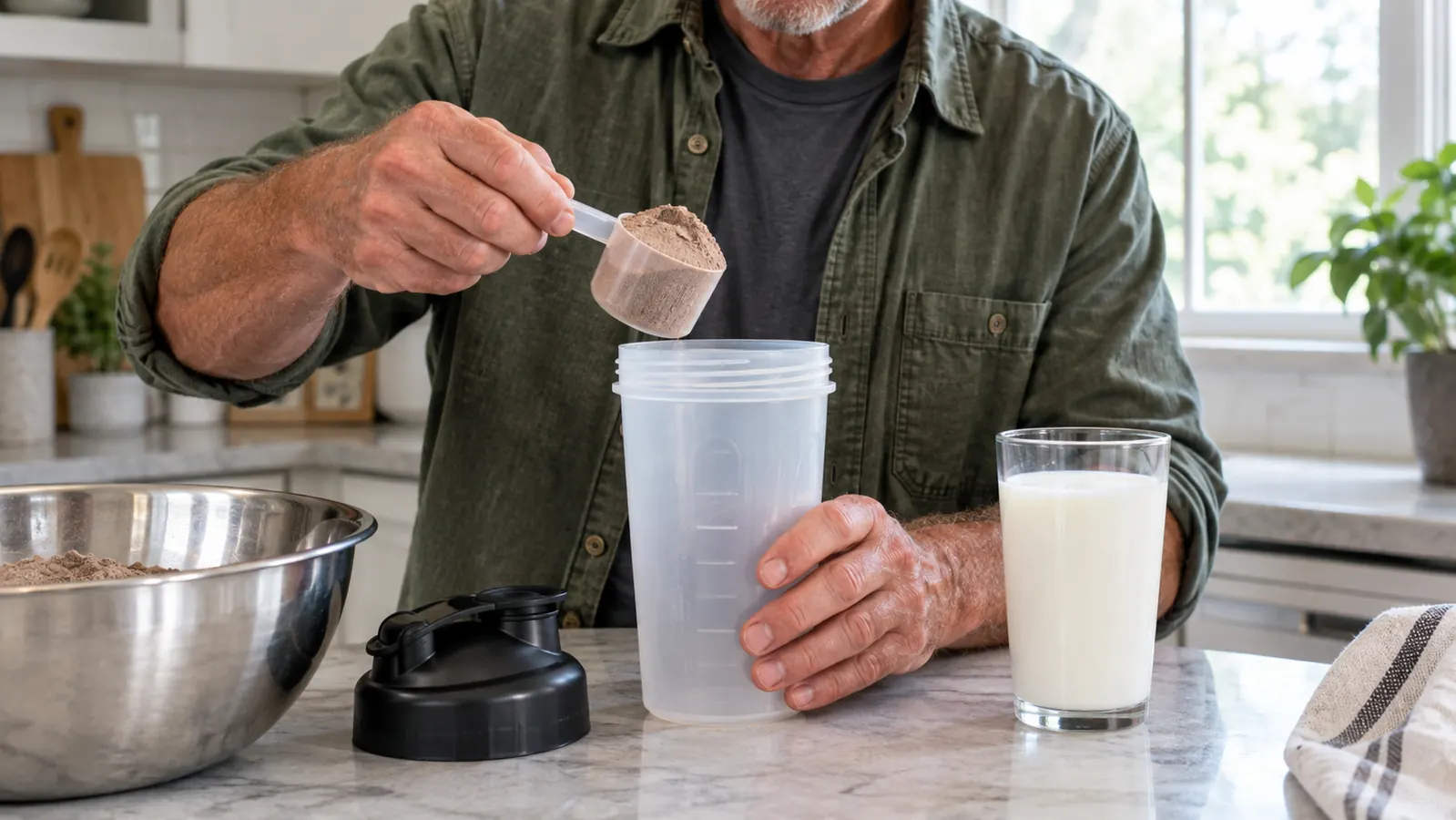A hand scooping chocolate whey protein powder into a shaker bottle on a kitchen counter