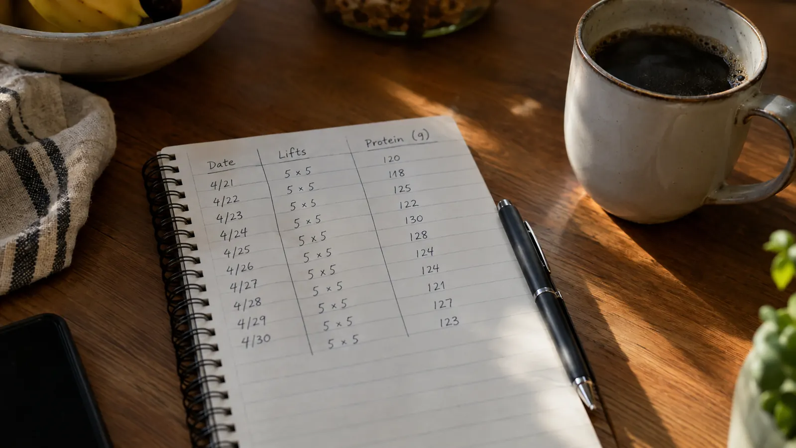 A spiral notebook open on a kitchen table, showing handwritten workout and protein notes