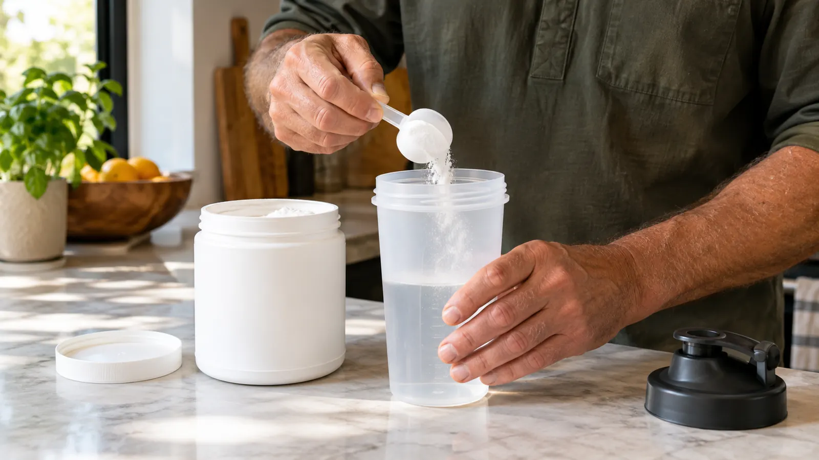 A hand scooping white creatine powder from a tub into a shaker bottle on a kitchen counter