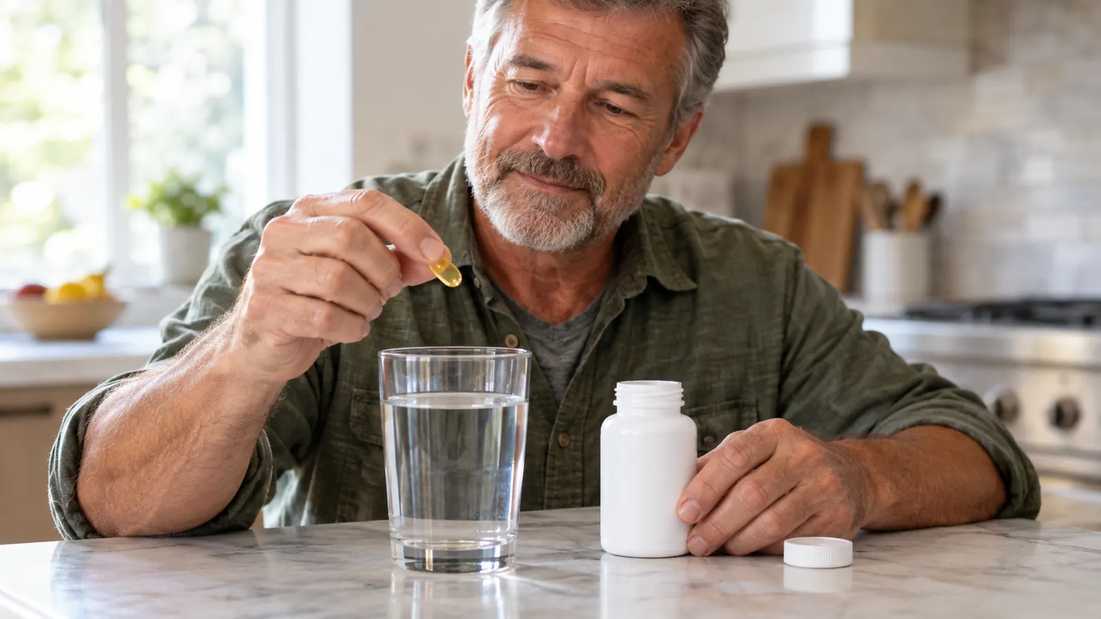 A man in his sixties holding a small softgel supplement beside a glass of water on a kitchen counter.