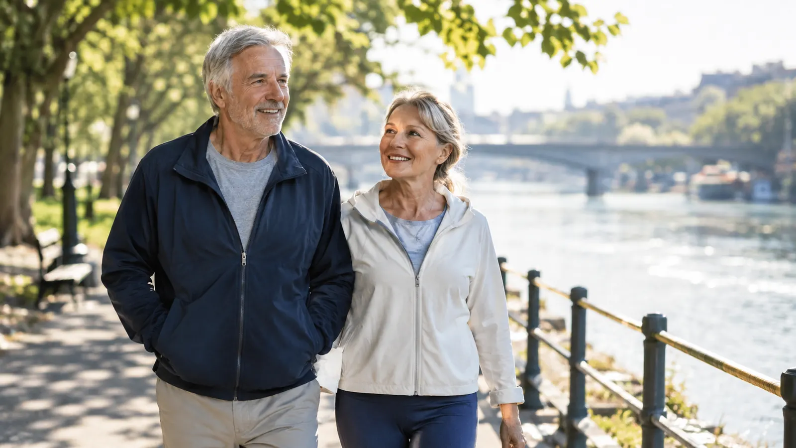 An older couple walking together along a riverfront path in the morning.