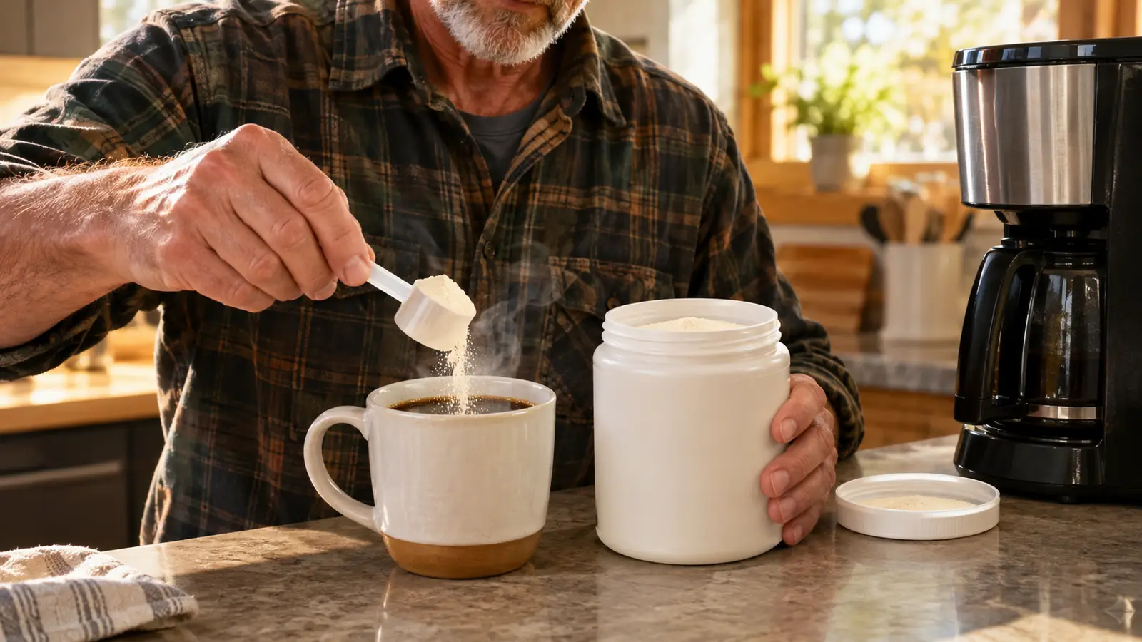 Hand scooping a spoonful of collagen powder from an open tub into a steaming mug of coffee on a kitchen counter next to a coffee maker
