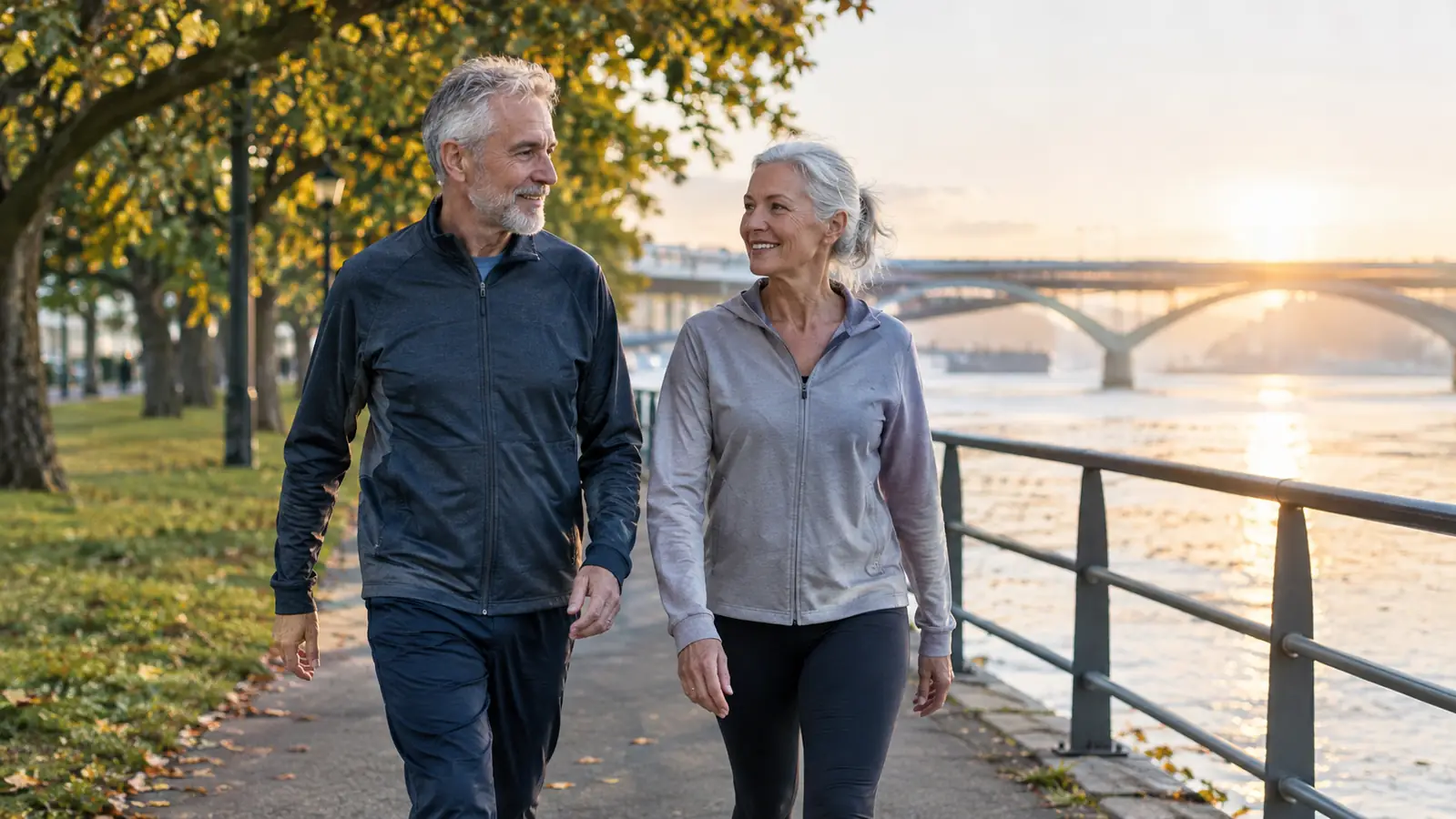 Older couple walking along a riverfront path in early morning light, man in his sixties and woman, bridge in the distance