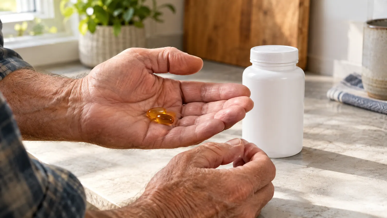 An older man's hand holding two softgel capsules beside a supplement bottle on a kitchen counter