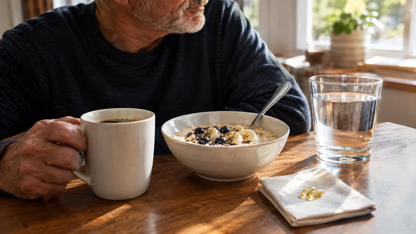 A breakfast table with a bowl of oatmeal, a coffee mug, a glass of water, and two softgel capsules in morning light
