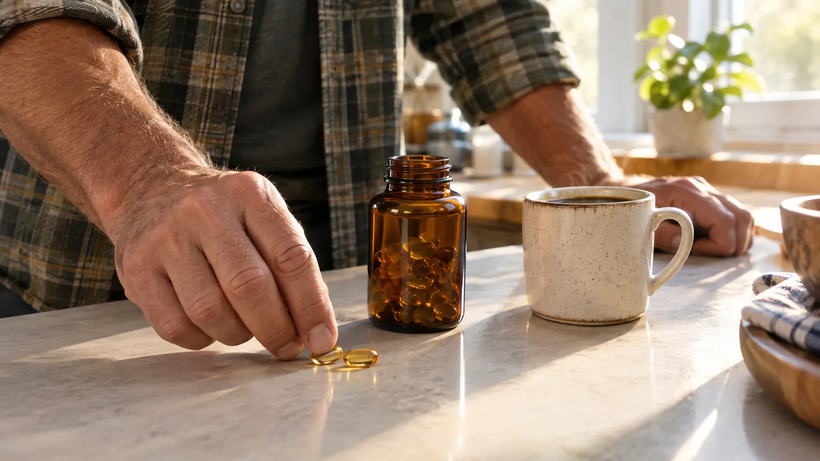 A hand places two lemon fish oil softgels on a kitchen counter next to a coffee mug