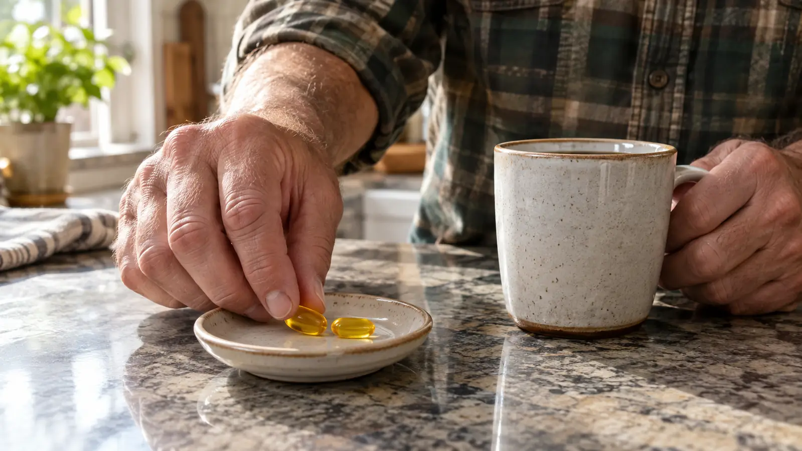 A hand places two lemon fish oil softgels on a saucer next to a coffee mug