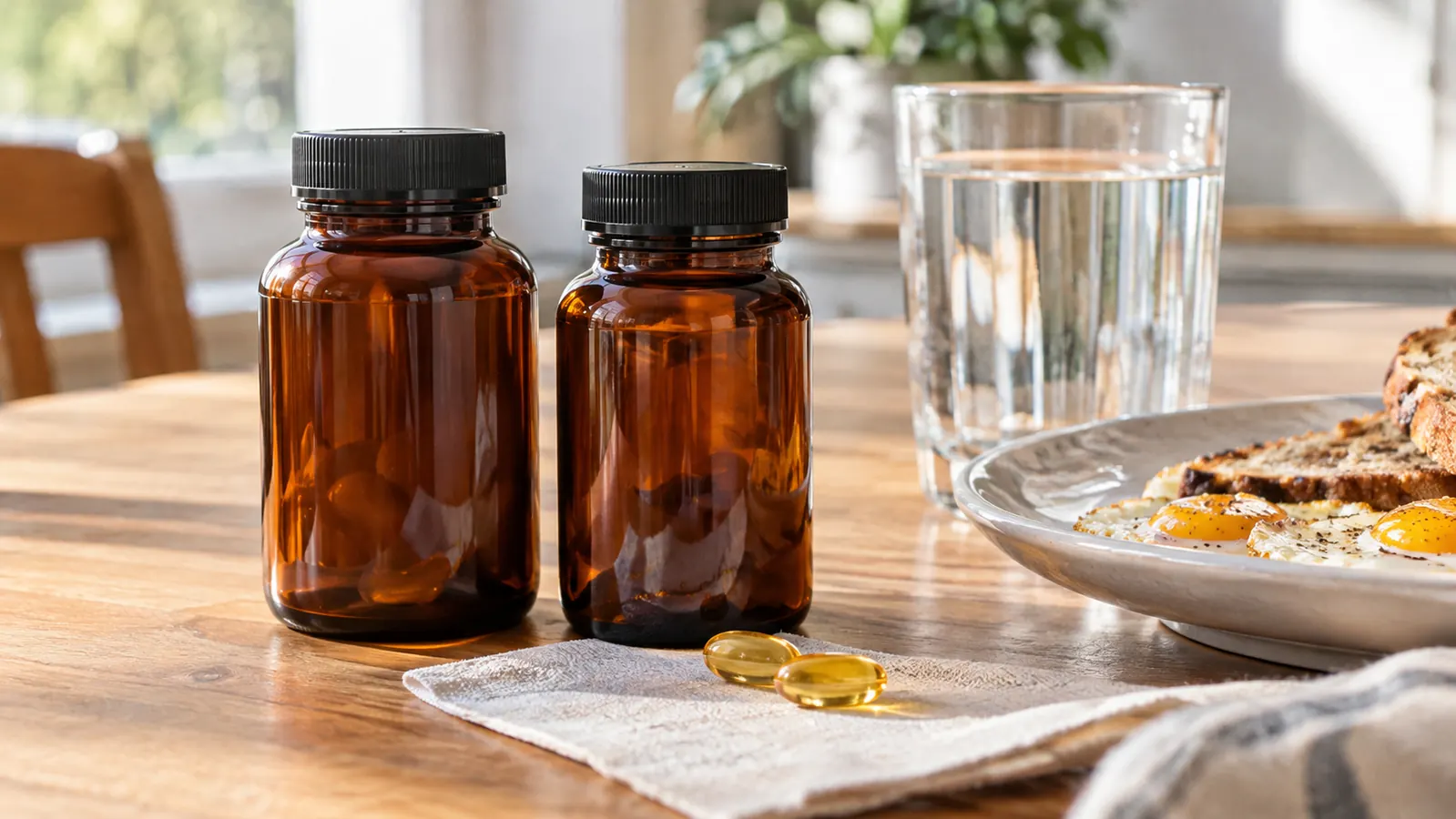 Two unlabeled fish oil bottles on a breakfast table with softgels on a napkin
