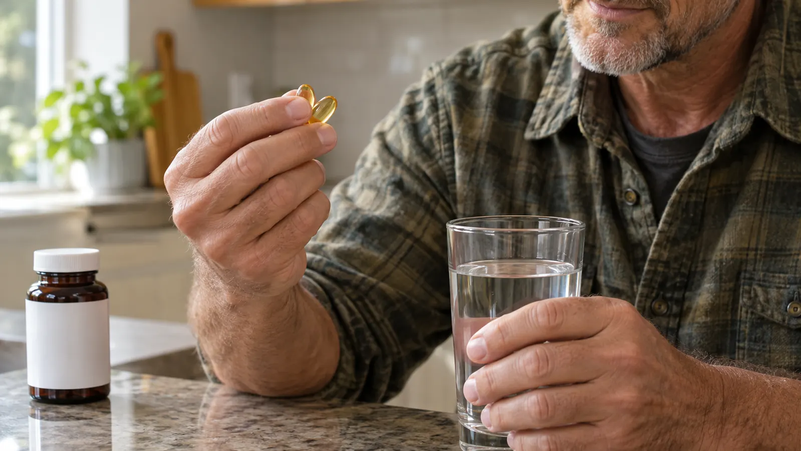A hand holding two fish oil softgels above a small glass of water on a kitchen counter