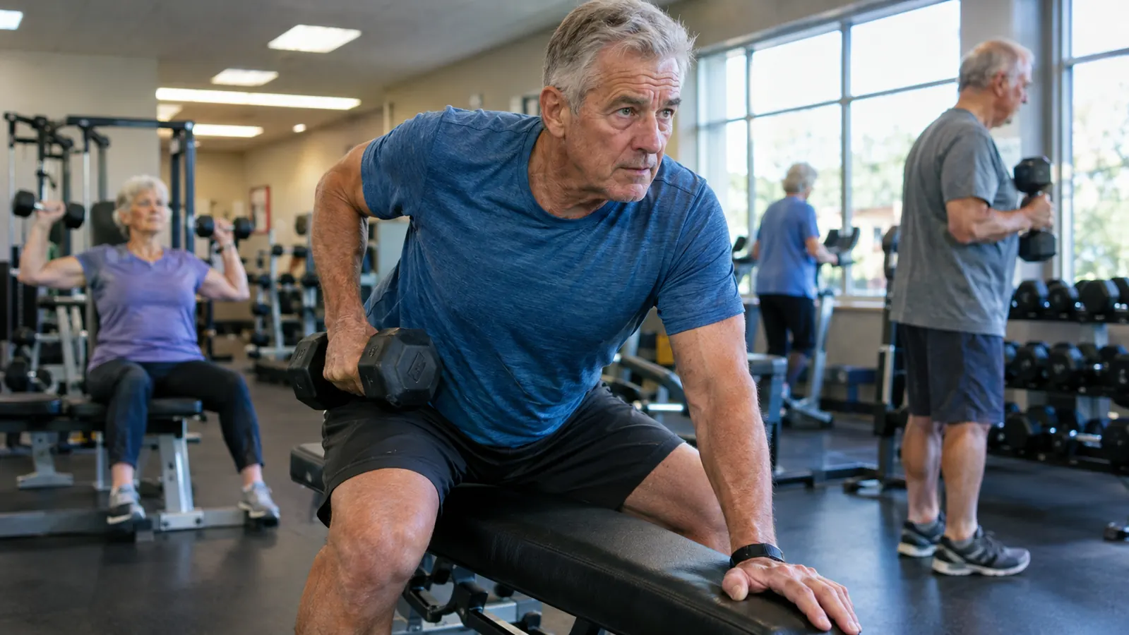 An older man in his sixties doing a seated row with a dumbbell at a community recreation center gym