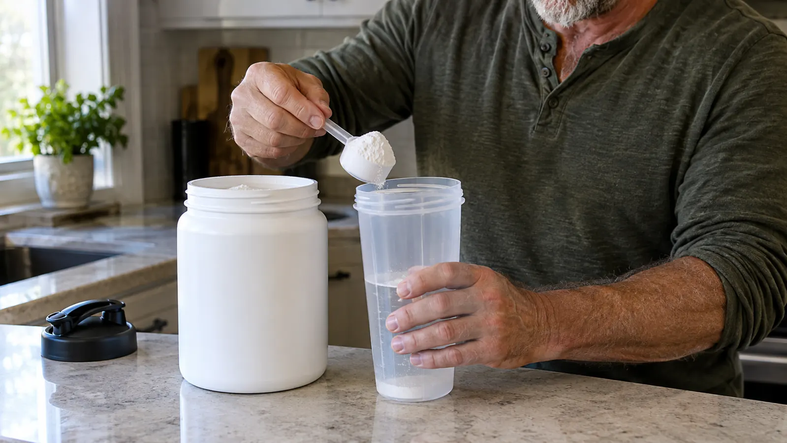 A hand scooping creatine powder from an open tub into a shaker bottle on a kitchen counter