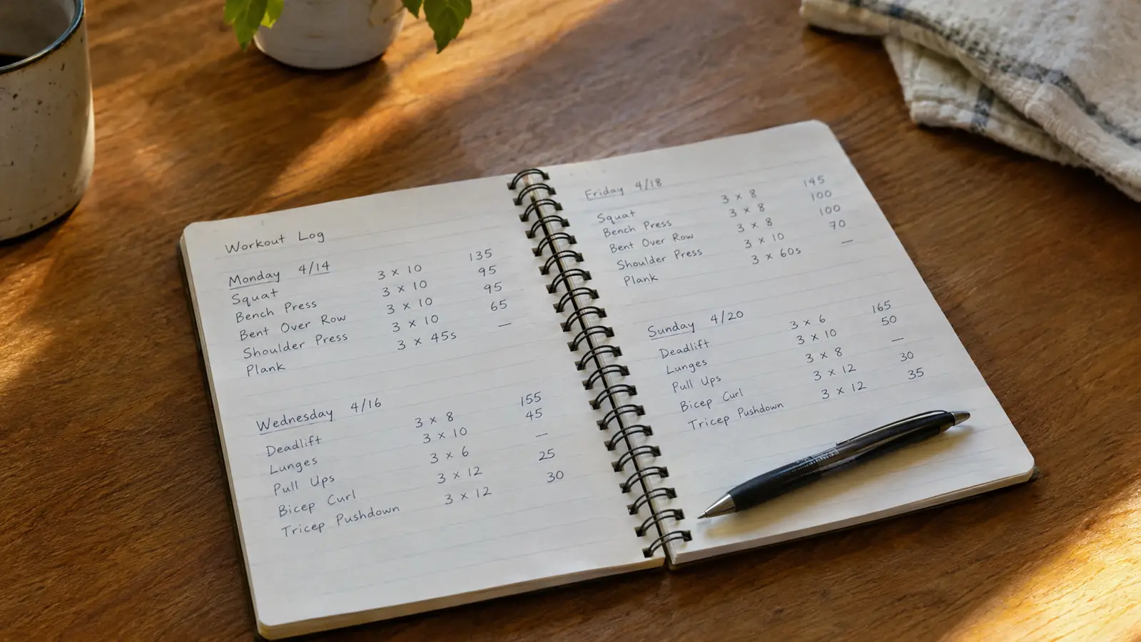 A spiral notebook open on a kitchen table, showing handwritten workout entries with dates and rep counts, a pen resting beside it