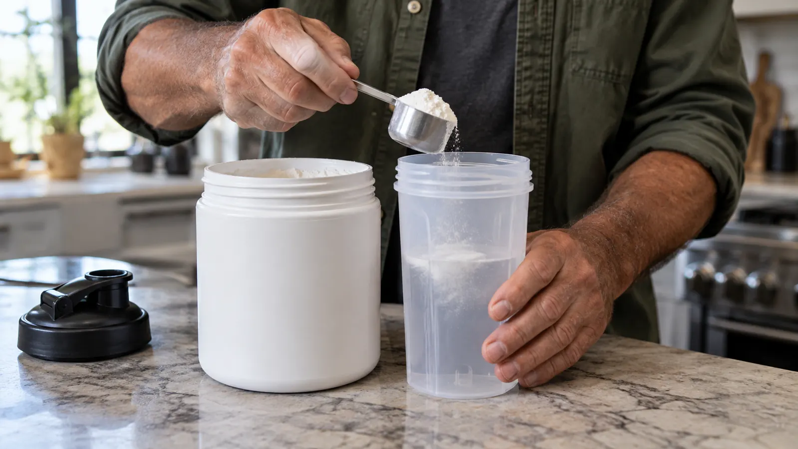 A hand scooping white creatine powder from an open tub into a shaker bottle on a kitchen counter