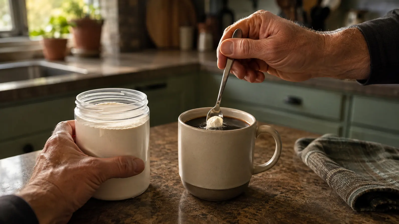 A hand stirring a scoop of unflavored collagen powder into a mug of black coffee on a kitchen counter
