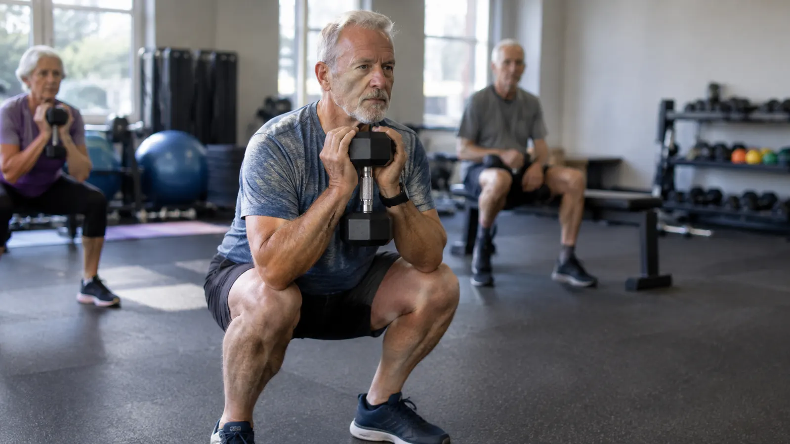 A man in his sixties doing a goblet squat with a dumbbell in a community rec center gym