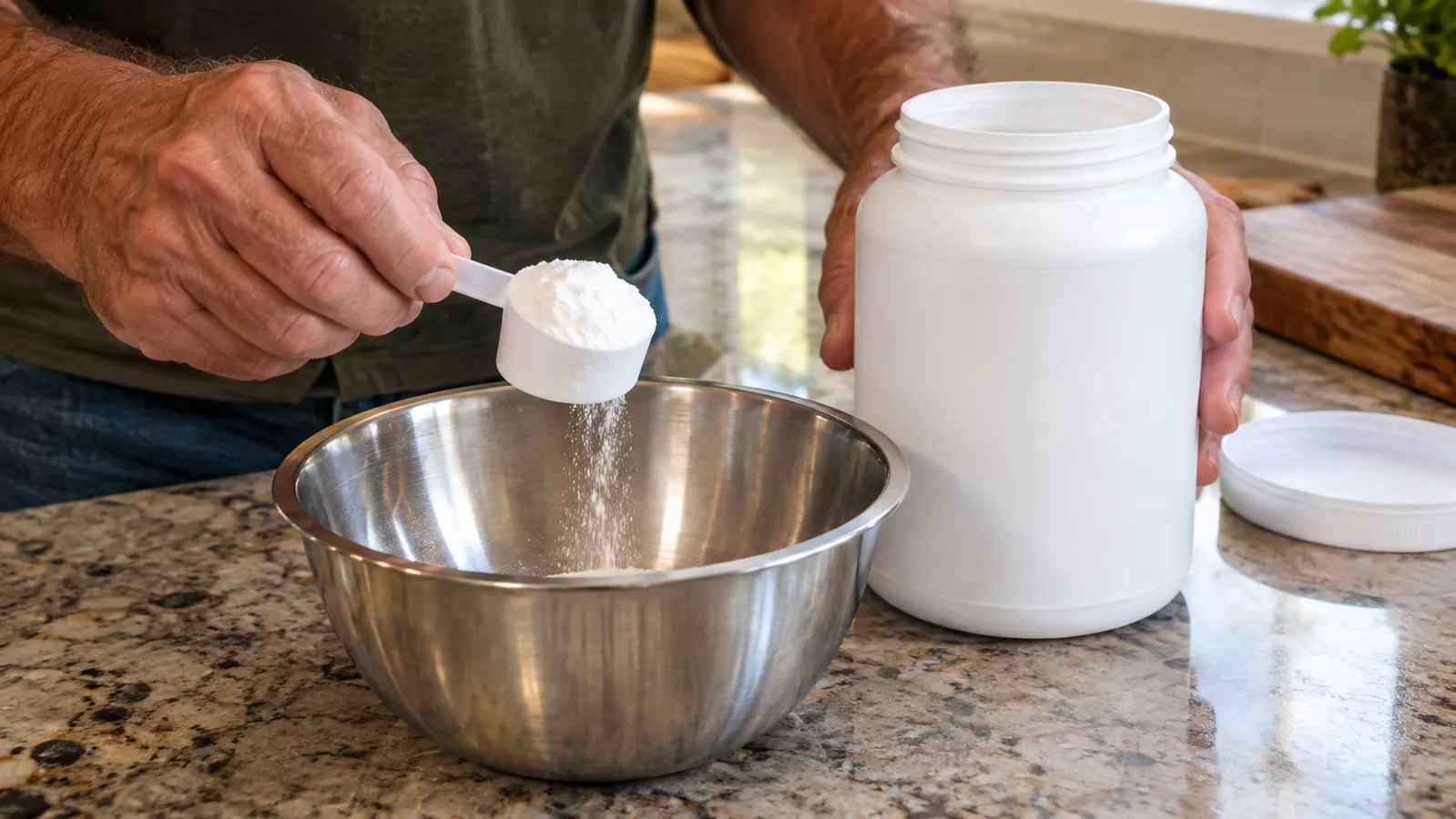 A hand holding a small scoop of white powder over a stainless steel bowl, with a white supplement tub beside it on a kitchen counter