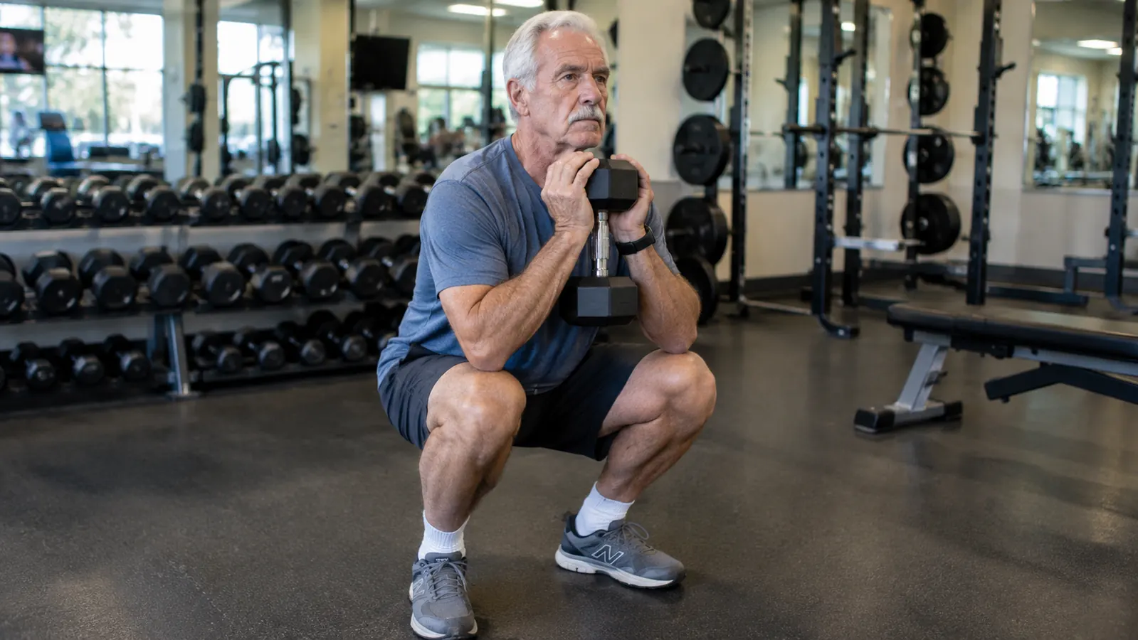 A man in his sixties doing a goblet squat with a dumbbell in a community rec center gym