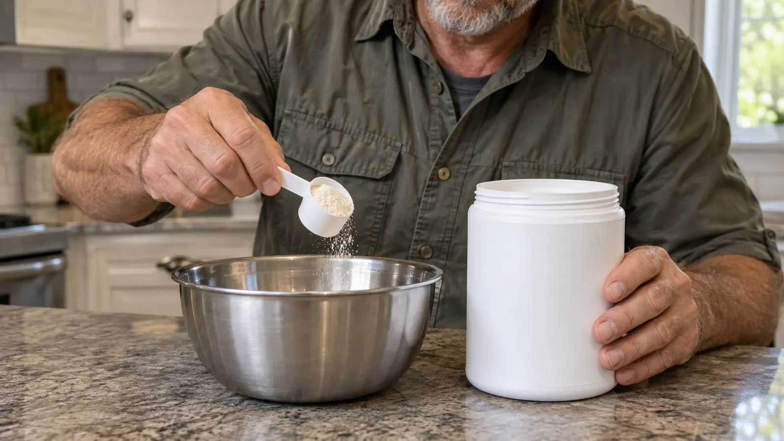 A hand holding a scoop of unflavored collagen peptides over a stainless steel bowl on a kitchen counter