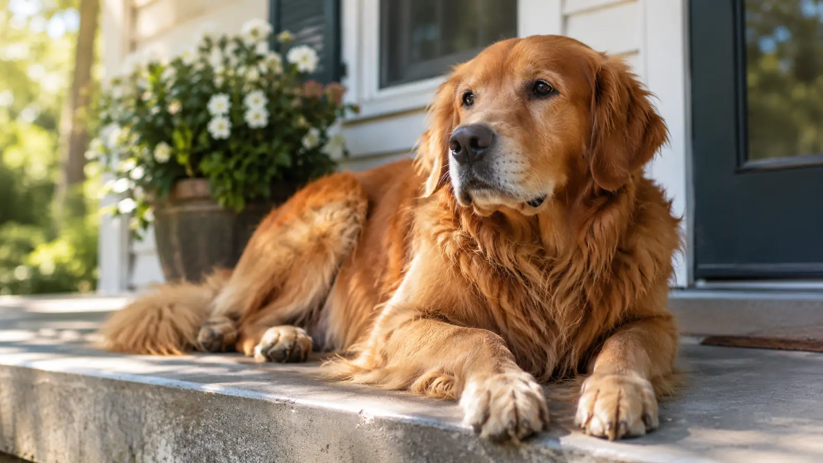 A large dog resting on a porch step in soft afternoon light