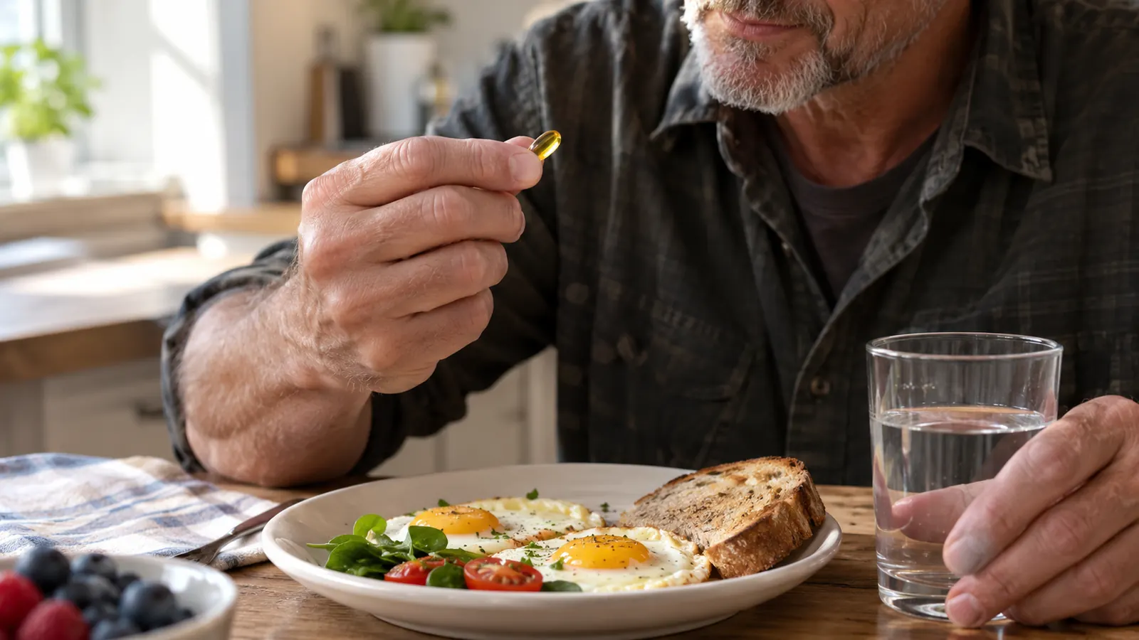 A small softgel held between two fingers above a plate of breakfast eggs, with a glass of water beside the plate on a kitchen table.