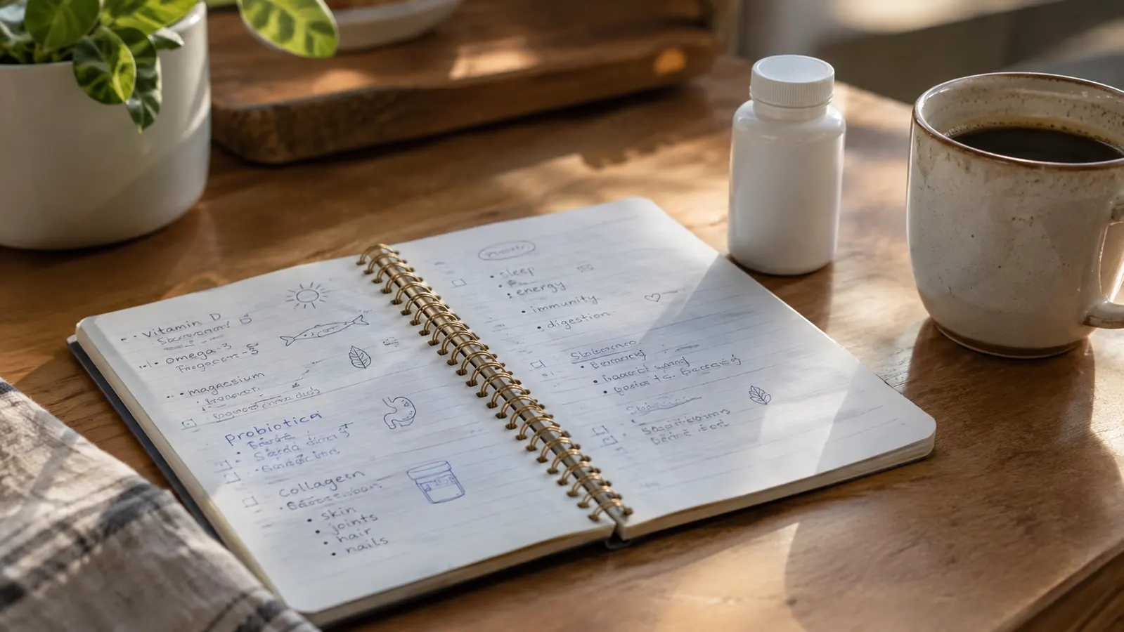 An open spiral notebook with handwritten notes rests on a kitchen table beside a small supplement bottle and a coffee mug.