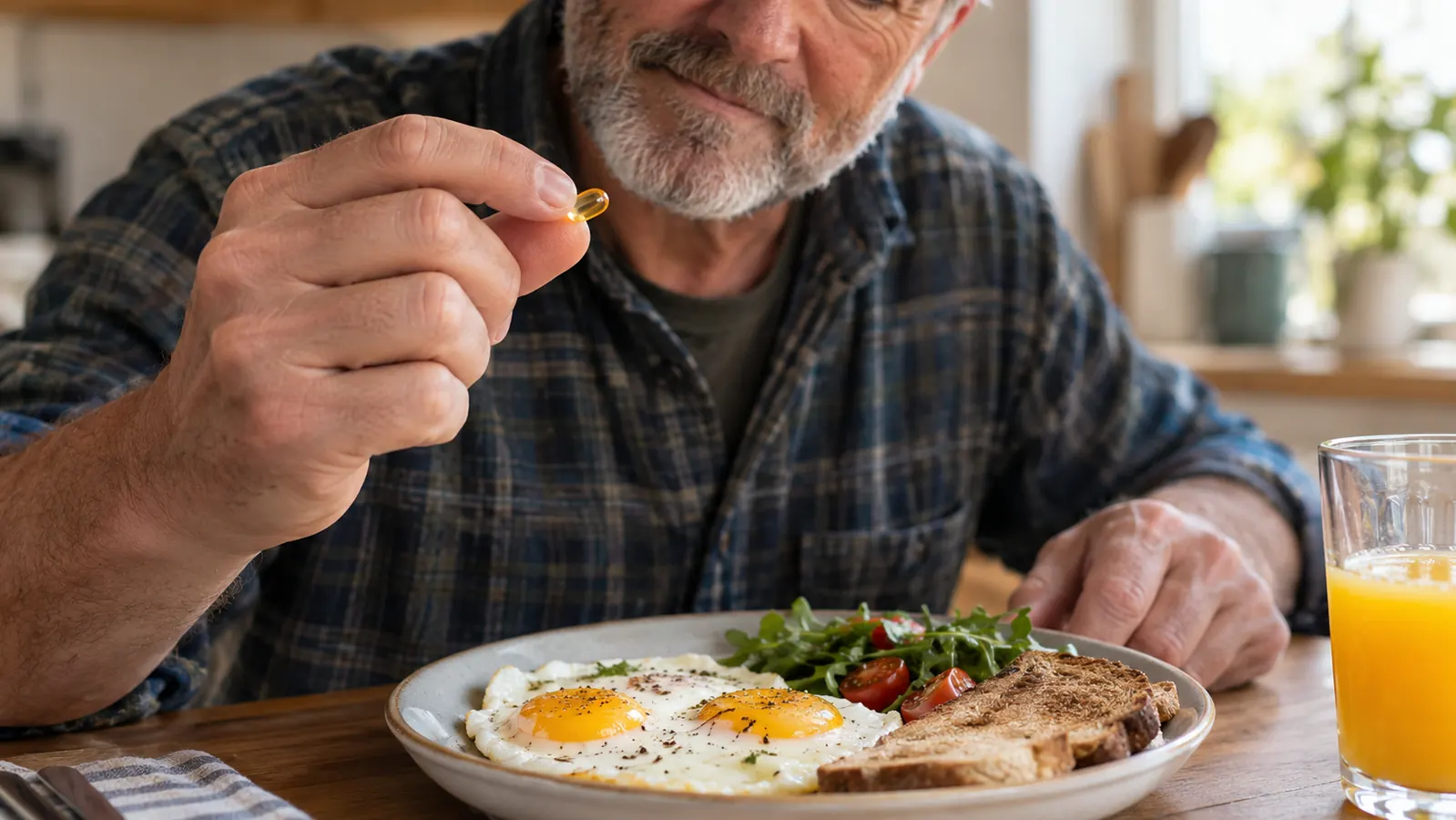 A hand holding a tiny softgel over a plate of eggs at breakfast