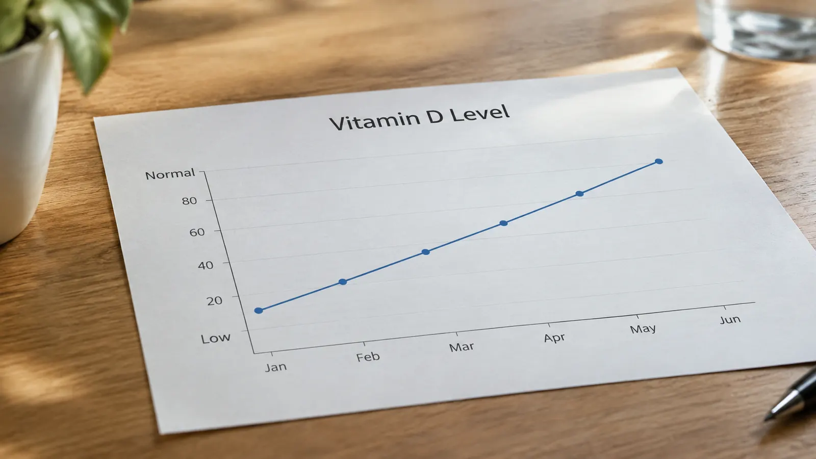 A simple line chart showing a vitamin D blood level rising from low to normal over several months
